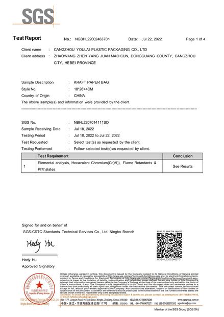 SGS RoHS test report for kraft paper bag