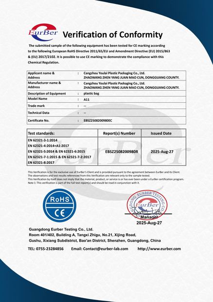 RoHS and CE verification of conformity for plastic bag
