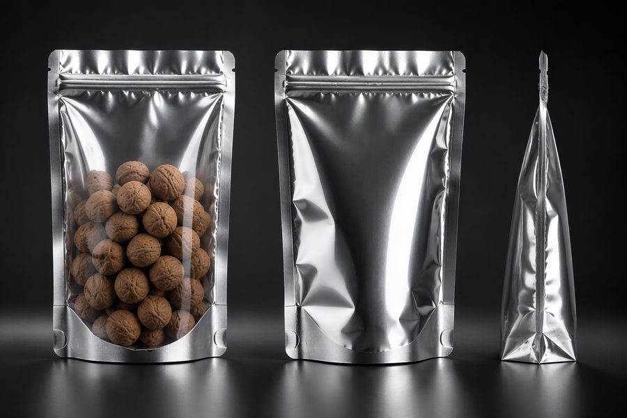 Aluminum foil stand-up pouch, three-angle view